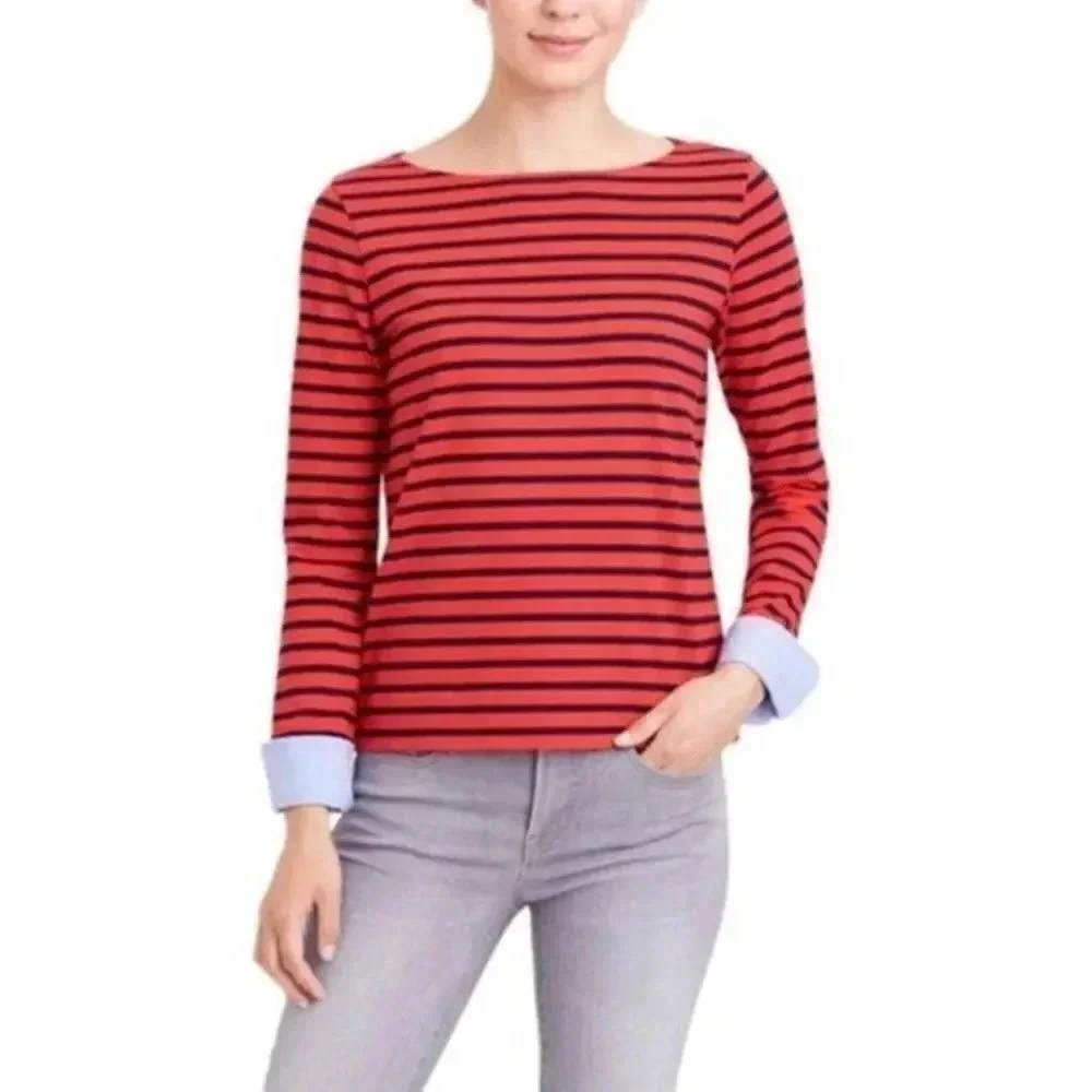 J. Crew Red Striped Nautical Top with Cuff